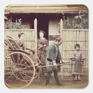 Pegatina Cuadrada Señora en un carrito, c.1890s (foto coloreada)
