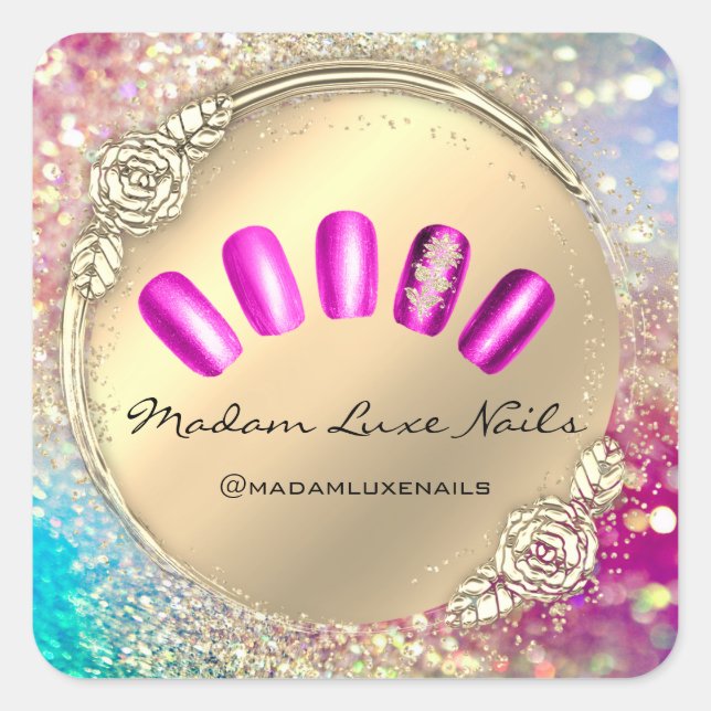 Pegatina Cuadrada Señora Luxe Purpurina Rosa  Dorada Floral Rosa (Anverso)