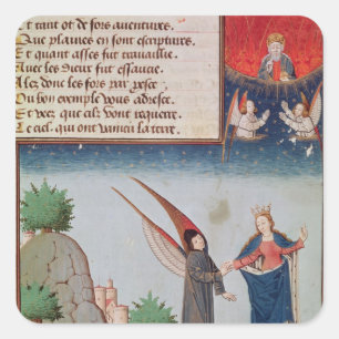 Pegatina Cuadrada Señora Philosophy lleva Boethius en vuelo