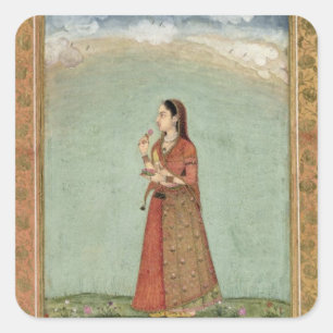 Pegatina Cuadrada Señora sosteniendo un tazón de rosas, del Pequeño