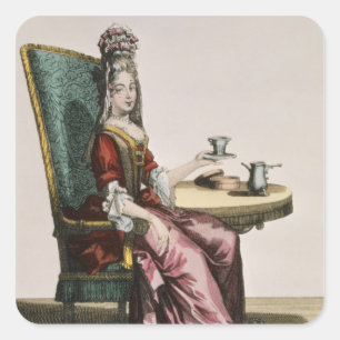 Pegatina Cuadrada Señora Taking Coffee, placa de moda, c.1695