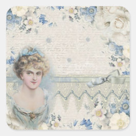 Pegatina Cuadrada Señora Victoriana Vintage Shabby Chic con Flores