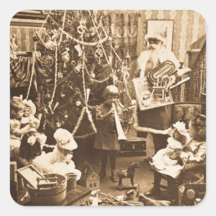 Pegatina Cuadrada Sepia de Stereoview del vintage de Santa del