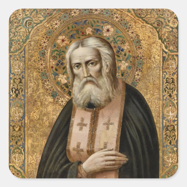 Pegatina Cuadrada Seraphim de Sarov Icono Cristiano Ortodoxo (Anverso)
