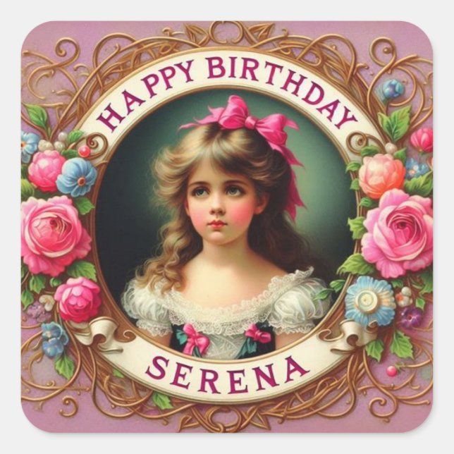 Pegatina Cuadrada SERENA ~ CUMPLEAÑOS FELIZ ~ Chica de época ~ (Anverso)