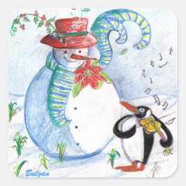 PEGATINA CUADRADA SERENADE INVIERNO DE SNOWMAN Y PENGUIN