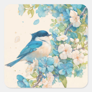 Pegatina Cuadrada Serenata de Chickadee entre Flores Azules