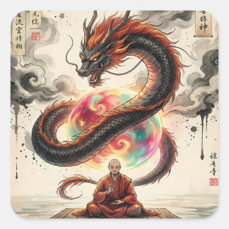 Pegatina Cuadrada Serene Encounter: Monk and the Celestial Dragon