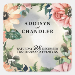 Pegatina Cuadrada Serene Garden Wreath: Elegancia Floral Pastel