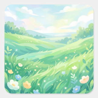 Pegatina Cuadrada Serene Green Meadow and Spring Flowers