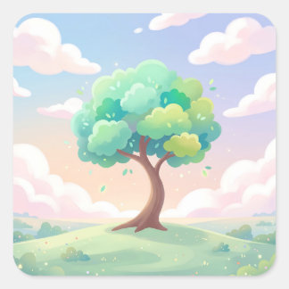 Pegatina Cuadrada Serene Green Tree and Pastel Clouds