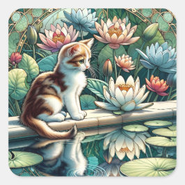 Pegatina Cuadrada Serene Kitten Waterlily Art Nouveau