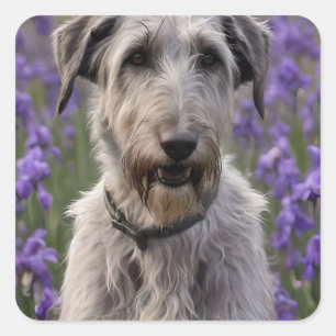 Pegatina Cuadrada Serene Majesty: Lobo sentado en un iris morado