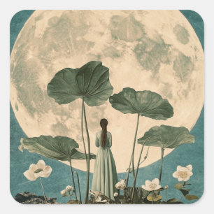 Pegatina Cuadrada Serenidad bajo la luz de la luna - Escena Lotus vi