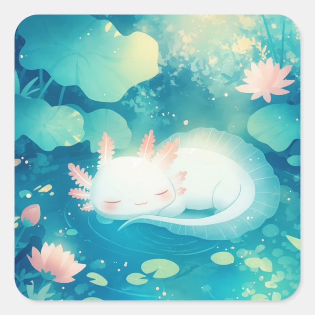 Pegatina Cuadrada Serenidad de los estanques de flores Axolotl (Anverso)