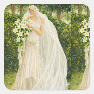 Pegatina Cuadrada Serenity in Ivory: A Bride in a Garden Reverie