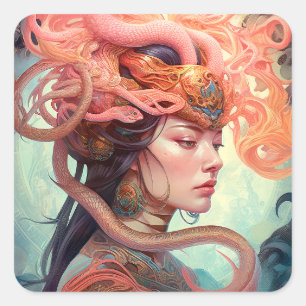 Pegatina Cuadrada Serpent Hair Lady Fantasy Art