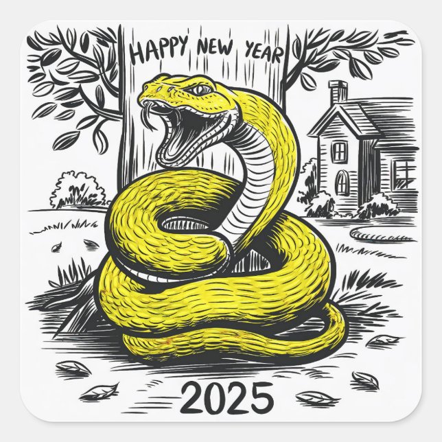 Pegatina Cuadrada Serpiente de tarjetas de Año Nuevo 2025 (Anverso)