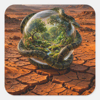 Pegatina Cuadrada Serpiente y el Orbe de Edén Paisaje Onírico Surrea