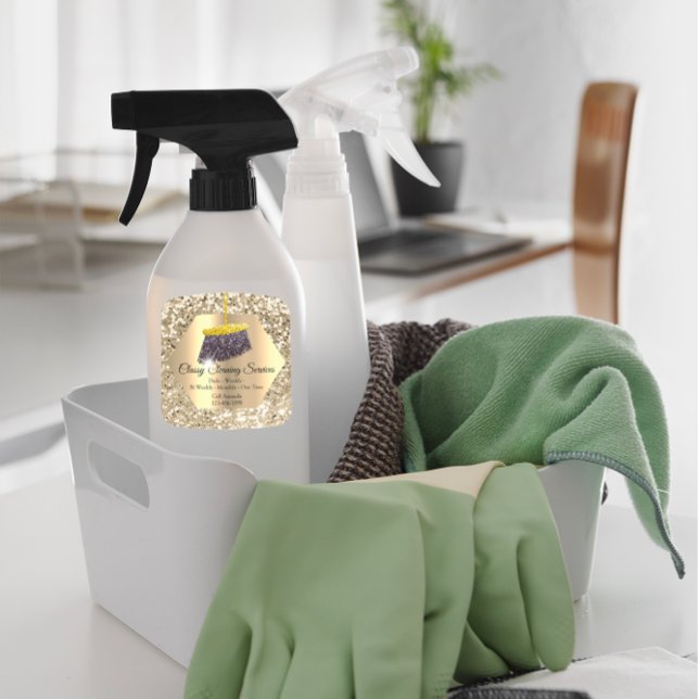 Pegatina Cuadrada Servicios de limpieza Purpurina de baño de la empl (Cleaning Services Maid Housekeeper Broom Glitter Square Sticker)