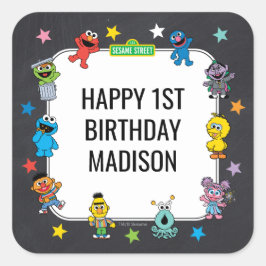 Pegatina Cuadrada Sesame Street Characters Chalkboard Birthday