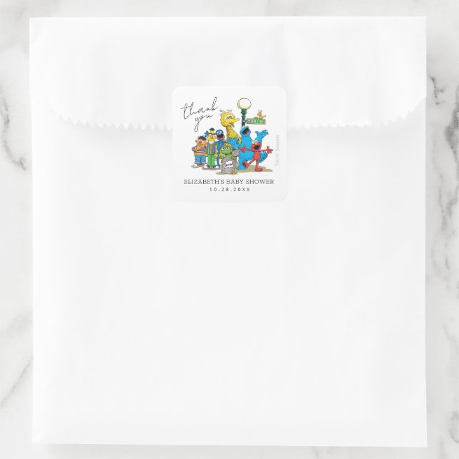 Pegatina Cuadrada Sesame Street Pals Baby Shower Gracias (Bolso)