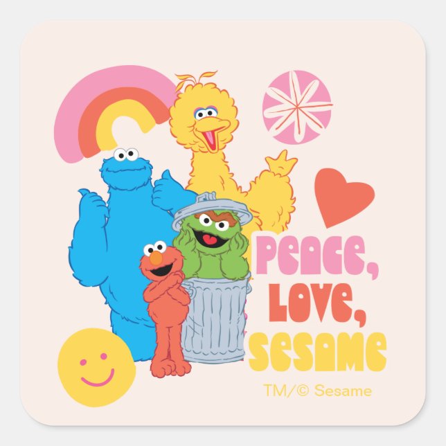 Pegatina Cuadrada Sesame Street | Paz, Amor, Sesame (Anverso)