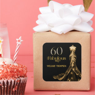 Pegatina Cuadrada Sesenta y Fabuloso Vestido Dorado Negro Cumpleaños