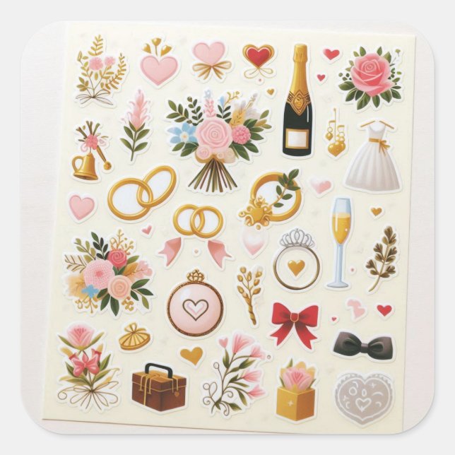 Pegatina Cuadrada "Set de Stickers de Celebración de Boda" (Anverso)