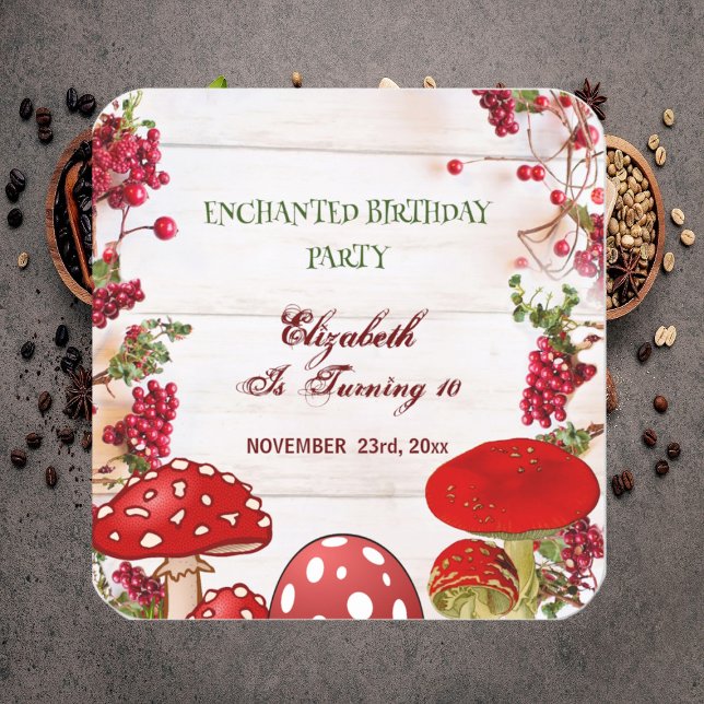 Pegatina Cuadrada Seta del Jardín de Frutas Rojas Hongos Mágicos par (Red Berry Garden Toadstool Kid's Magic Mushrooms Square Sticker)