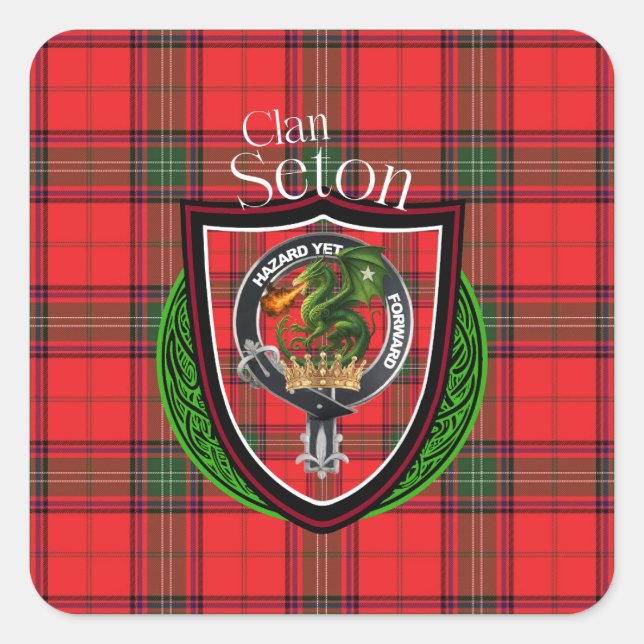 Pegatina Cuadrada Seton Scottish Clan Tartan & Escudo (Anverso)