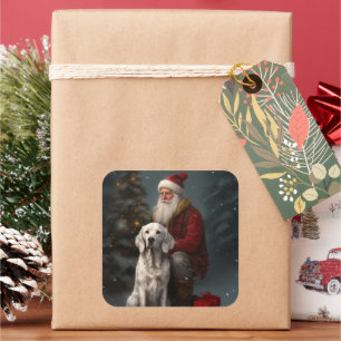 Pegatina Cuadrada Setter Inglés Con Claus De Santa Festivo Navidad