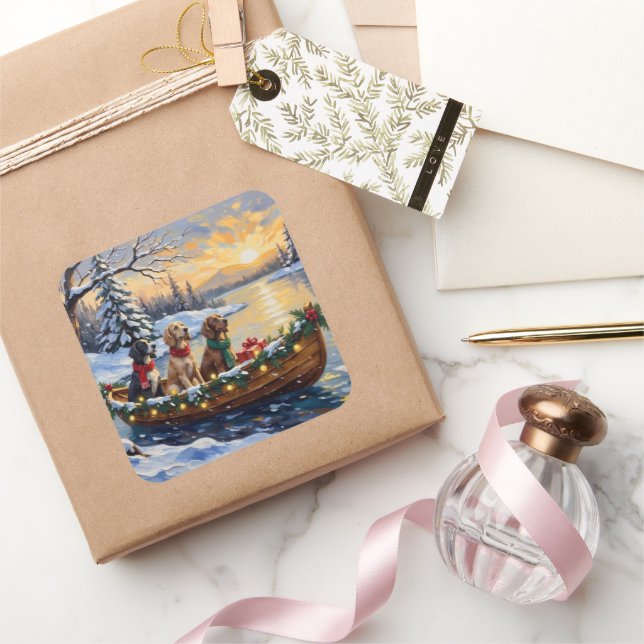 Pegatina Cuadrada Setter Inglés Navidad Barco Fiesta (Regalar)