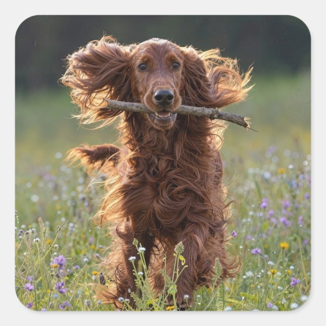 Pegatina Cuadrada Setter Irlandés corriendo con un palo (Anverso)