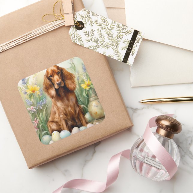 Pegatina Cuadrada Setter rojo irlandés con huevos de Pascua (Regalar)