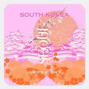 Pegatina Cuadrada Seúl Corea del Sur Viaja arte, rosa