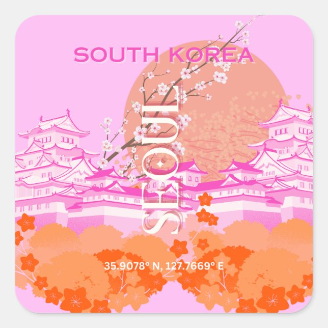 Pegatina Cuadrada Seúl Corea del Sur Viaja arte, rosa (Anverso)