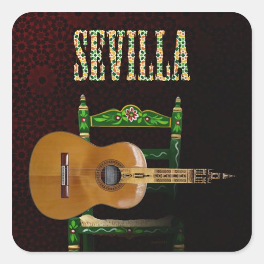 Pegatina Cuadrada SEVILLA. Guitarra flamenca con Giralda de Sevilla.