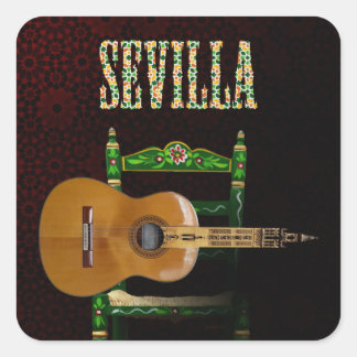 Pegatina Cuadrada SEVILLA. Guitarra flamenca con Giralda de Sevilla.