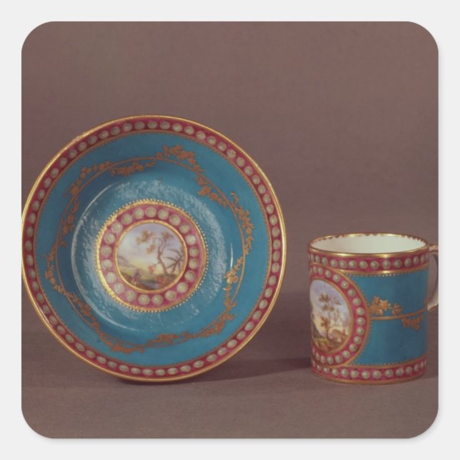 Pegatina Cuadrada Sevres bleu celeste café taza y platillo, c.1780 (Anverso)