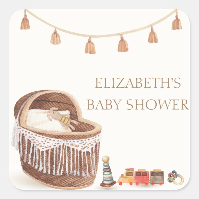 Pegatina Cuadrada Sexo Neutral Cute Boho Bassinet Baby Shower (Anverso)