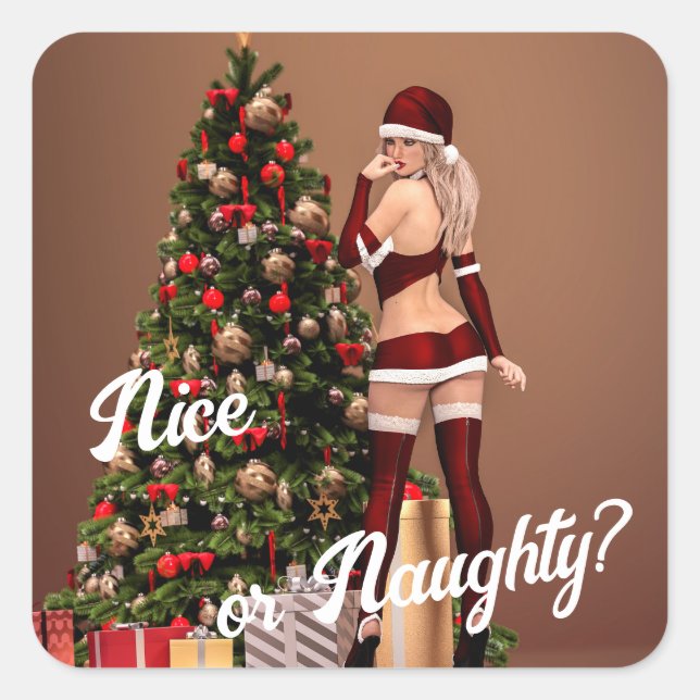 Pegatina Cuadrada Sexy Santa Chica cerca del árbol de Navidad (Anverso)