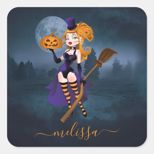 Pegatina Cuadrada Sexy Witch en la luz de la luna (Anverso)