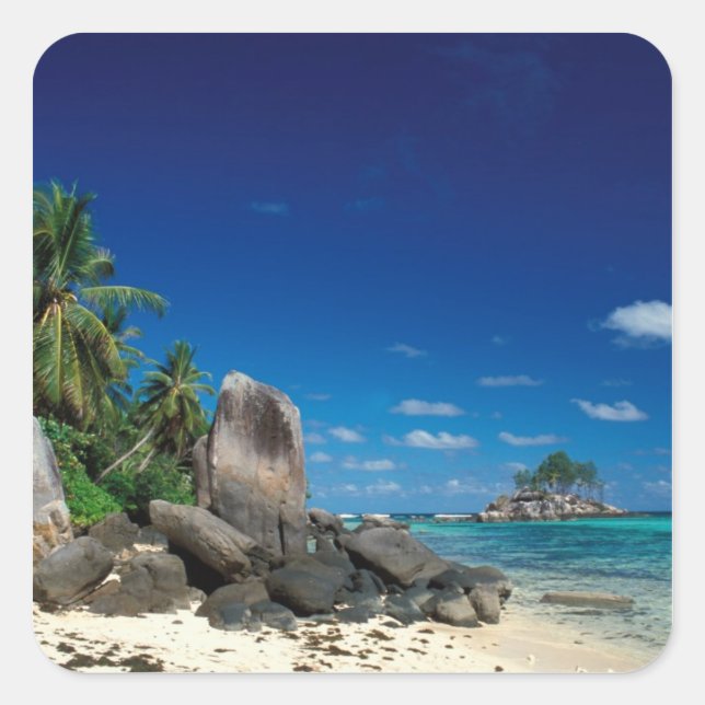 Pegatina Cuadrada Seychelles, Isla de Mahe, Playa Anse Royale. (Anverso)