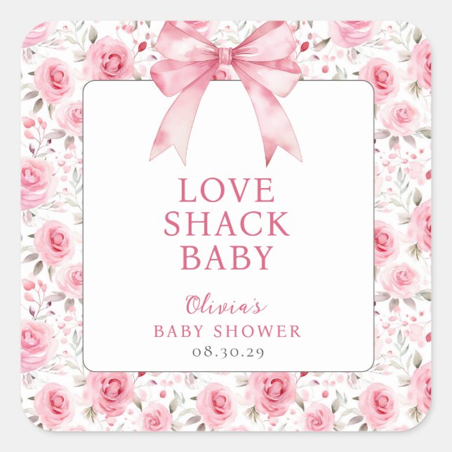Pegatina Cuadrada Shabby Chic Coquette Pink Love Shack Baby Shower (Anverso)