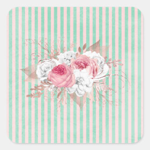 Pegatina Cuadrada Shabby Chic Pink Bouquet Stripes