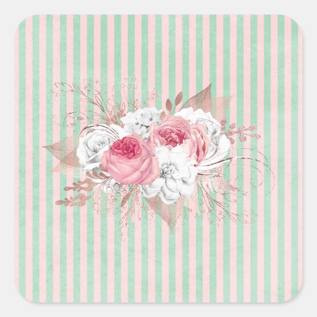 Pegatina Cuadrada Shabby Chic Pink Bouquet Stripes (Anverso)