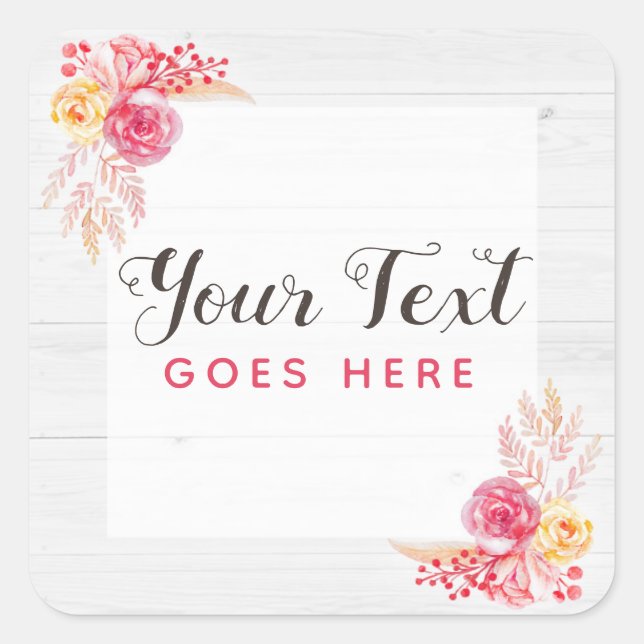 Pegatina Cuadrada Shabby Chic Rosas y Rustic Wood Rubor Floral rosa (Anverso)