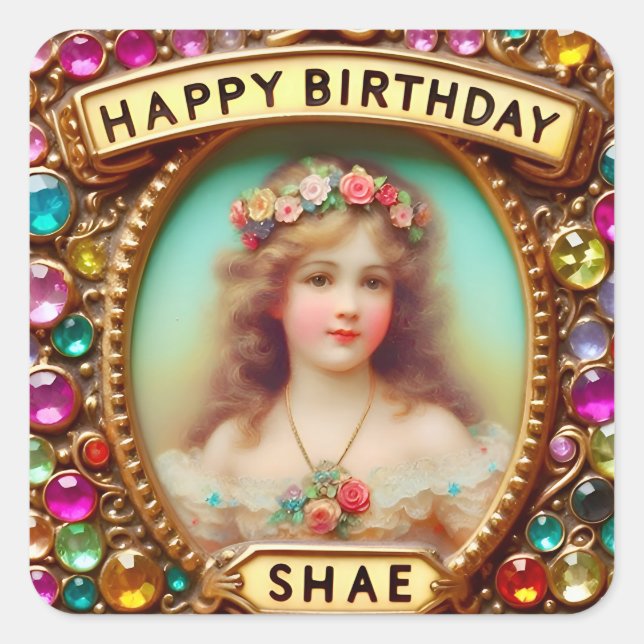 Pegatina Cuadrada SHAE ~ FELIZ CUMPLEAÑOS ~ Chica Vintage ~ (Anverso)