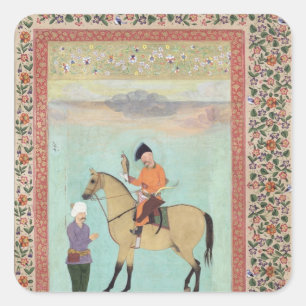Pegatina Cuadrada Shah Abbas a caballo sosteniendo un halcón